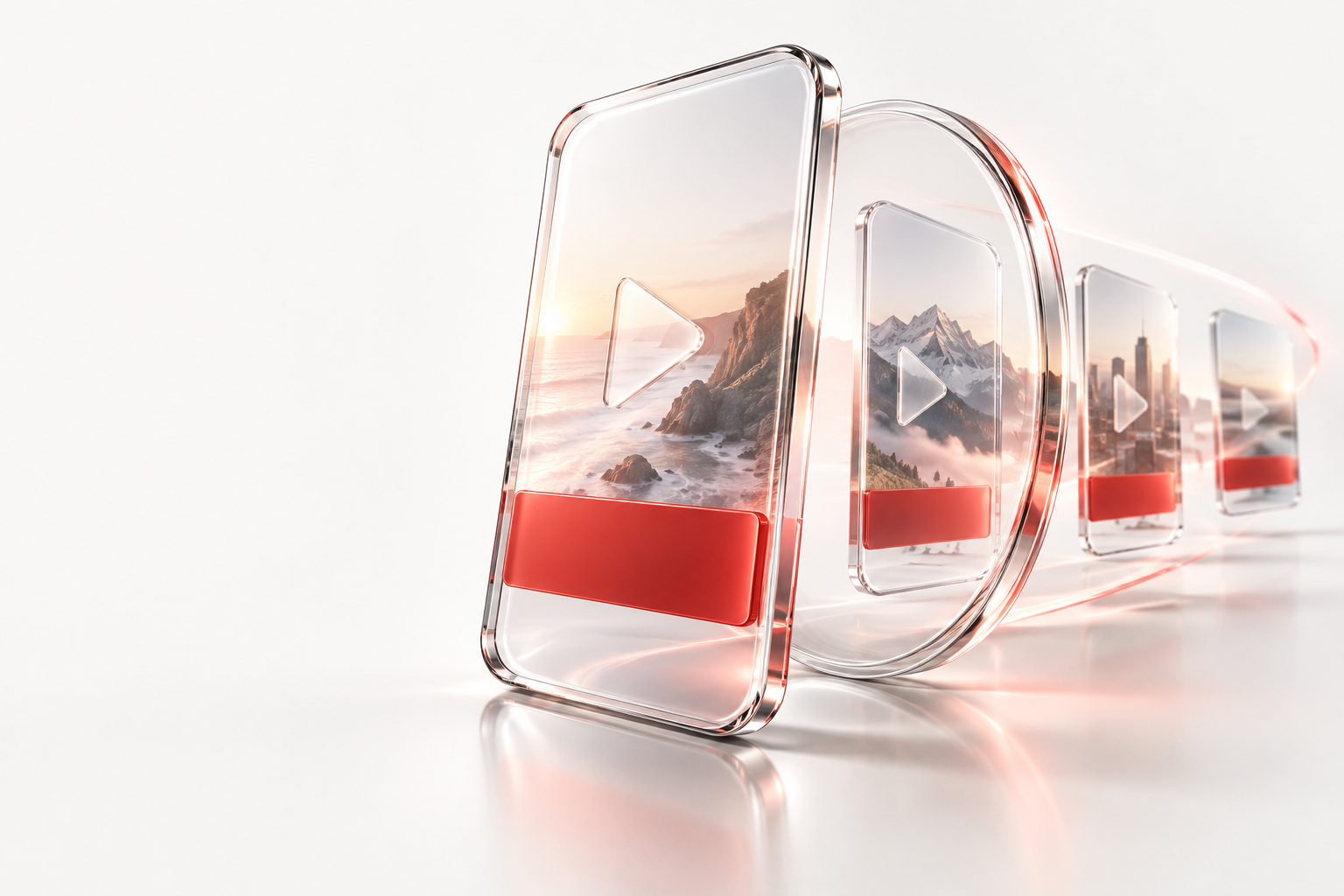 Conceptual 3D illustration of glass video frames with a red advertising banner